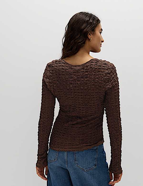 Textured Keyhole Tie Detail Long Sleeve Top - MX