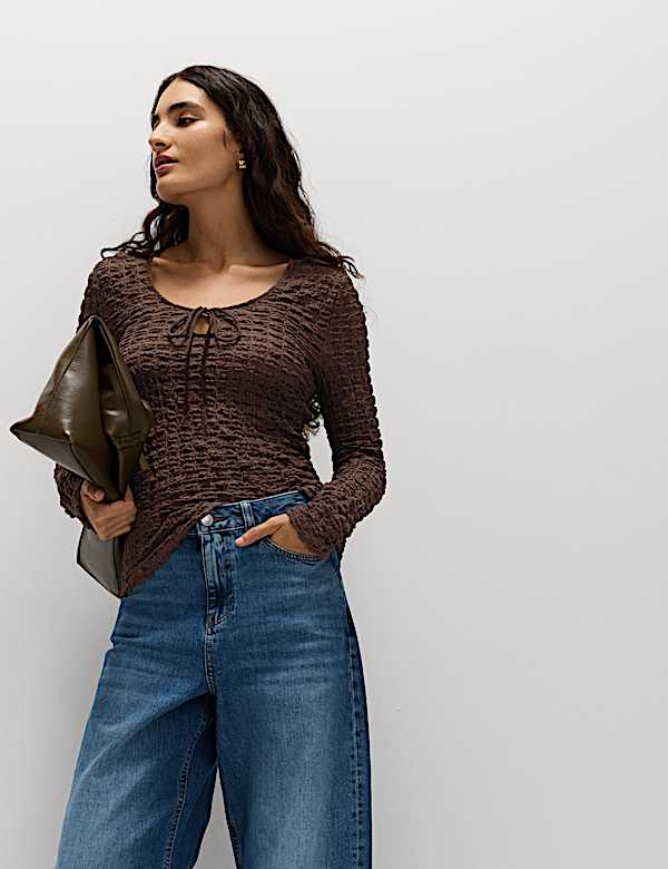 Textured Keyhole Tie Detail Long Sleeve Top - MX