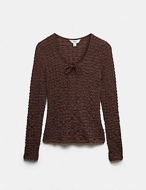 Textured Keyhole Tie Detail Long Sleeve Top - MX