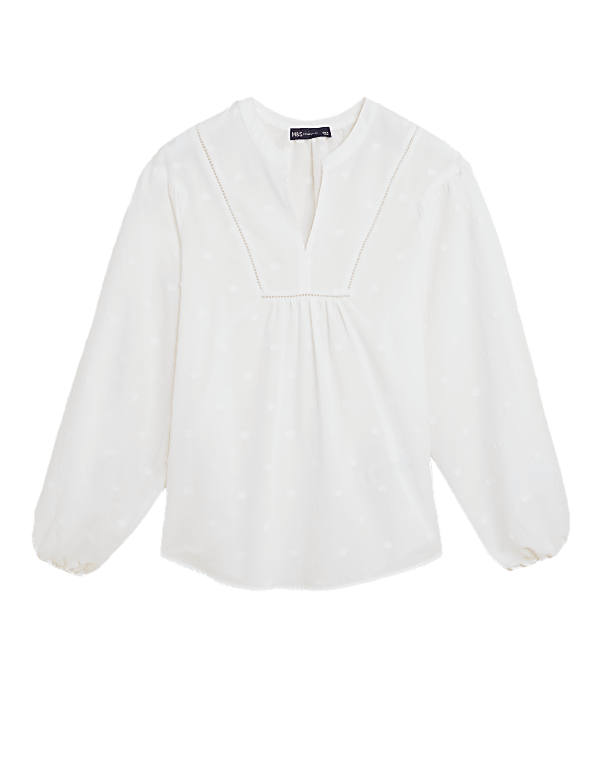 Pure Cotton V-Neck Blouson Sleeve Blouse