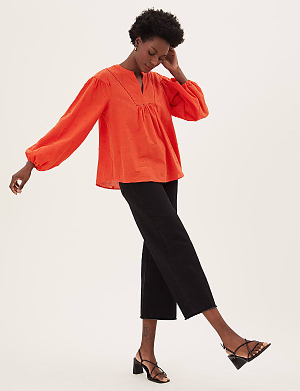 Pure Cotton V-Neck Blouson Sleeve Blouse