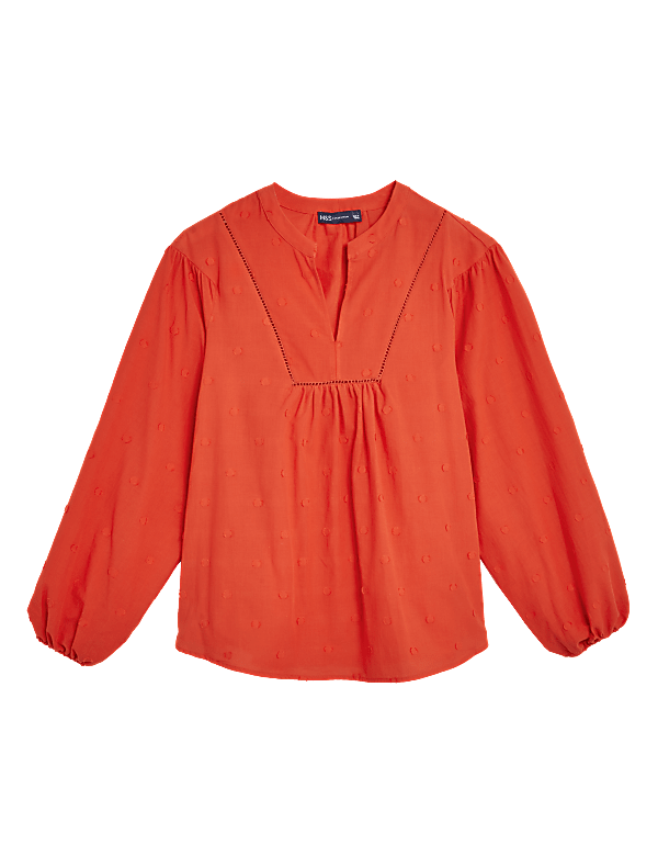 Pure Cotton V-Neck Blouson Sleeve Blouse