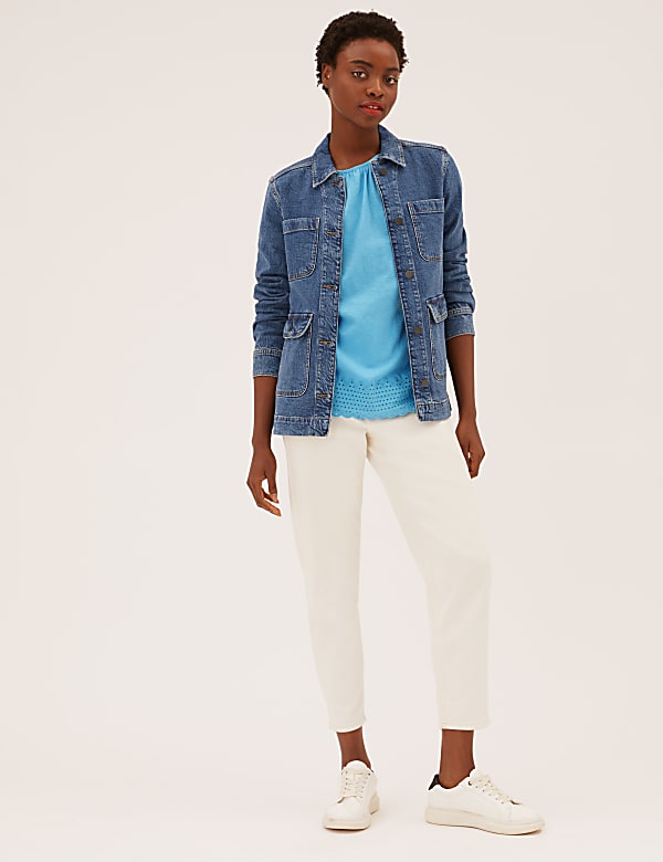Pure Cotton Broderie Detail Crew Neck Top