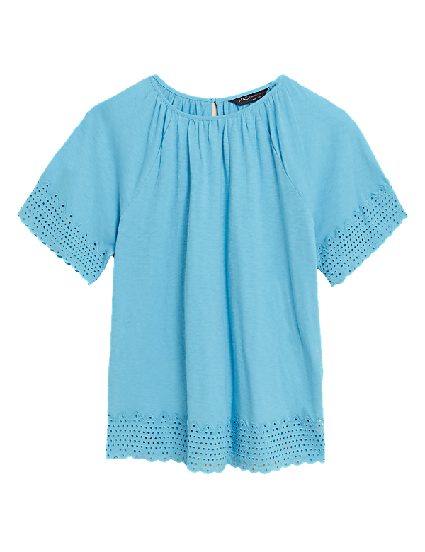 Pure Cotton Broderie Detail Crew Neck Top