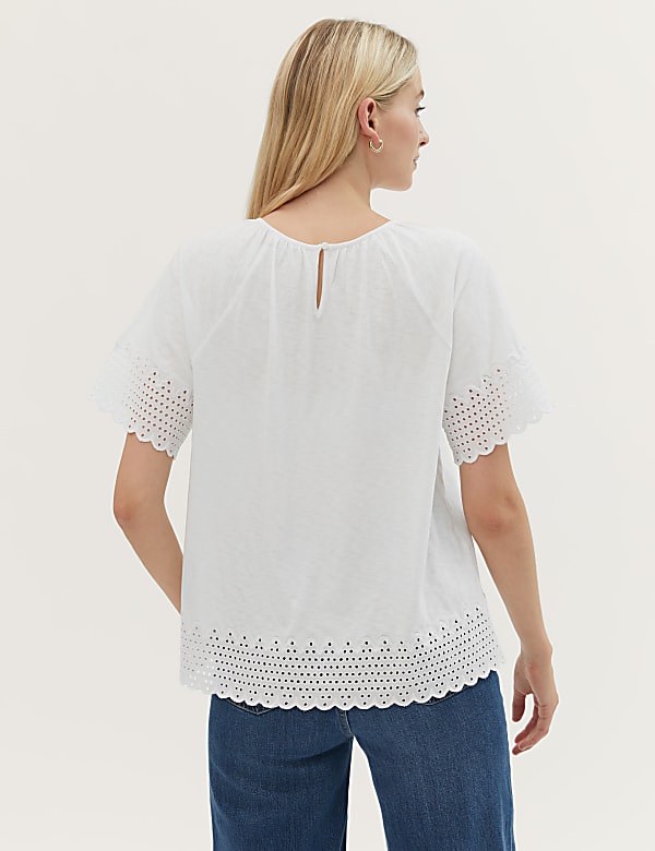 Pure Cotton Broderie Detail Crew Neck Top