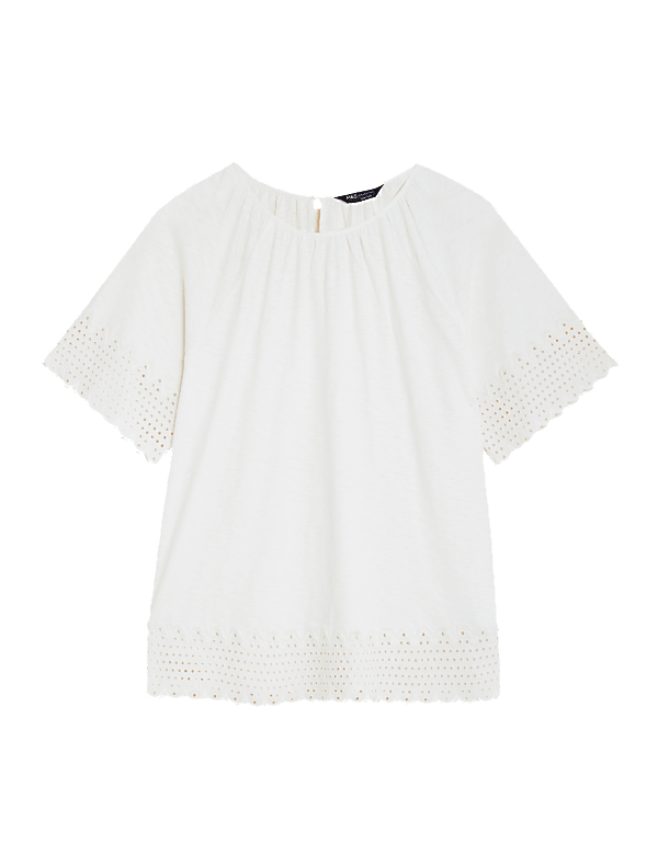 Pure Cotton Broderie Detail Crew Neck Top