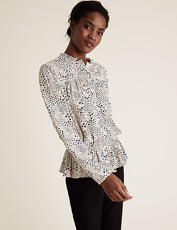 Printed Frill Neck Long Sleeve Peplum Top