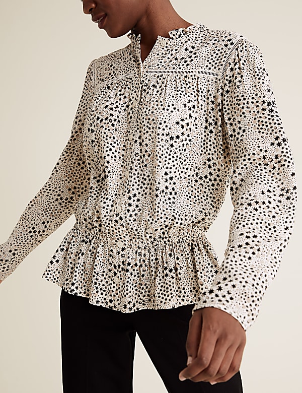 Printed Frill Neck Long Sleeve Peplum Top