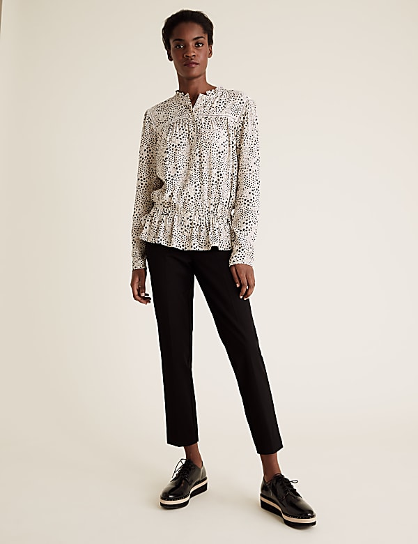 Printed Frill Neck Long Sleeve Peplum Top