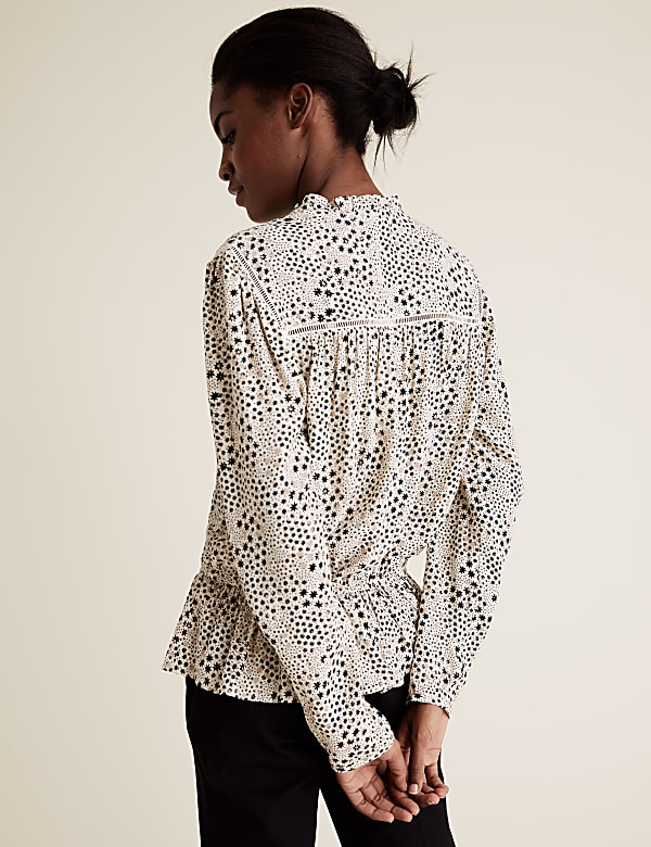 Printed Frill Neck Long Sleeve Peplum Top
