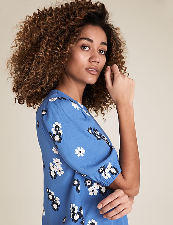 Floral Round Neck Puff Sleeve Top