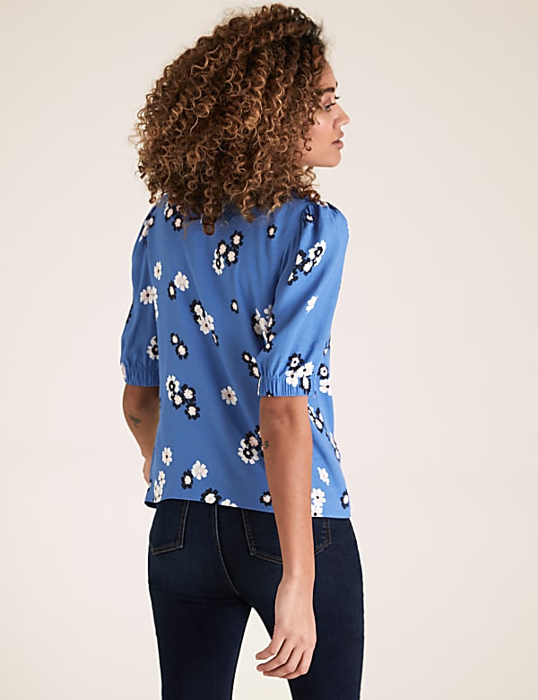 Floral Round Neck Puff Sleeve Top
