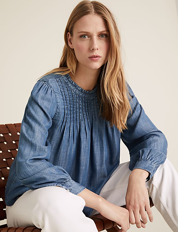 Pure Tencel™ Pintuck Long Sleeve Blouse