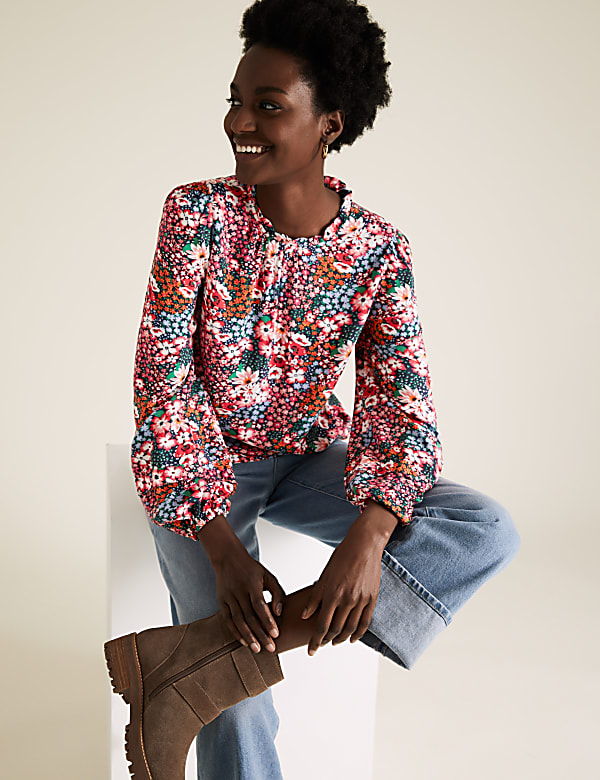Floral Frill Neck Long Sleeve Top