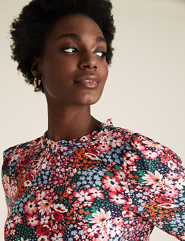 Floral Frill Neck Long Sleeve Top