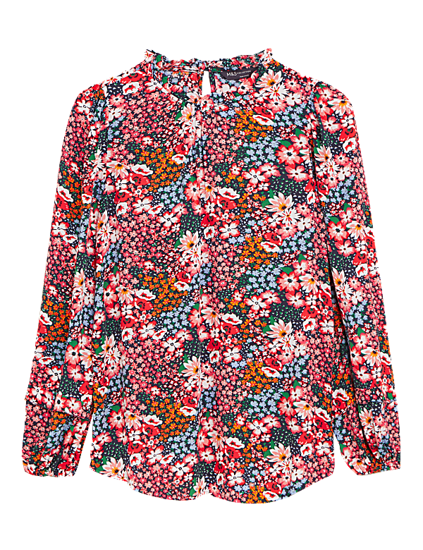 Floral Frill Neck Long Sleeve Top