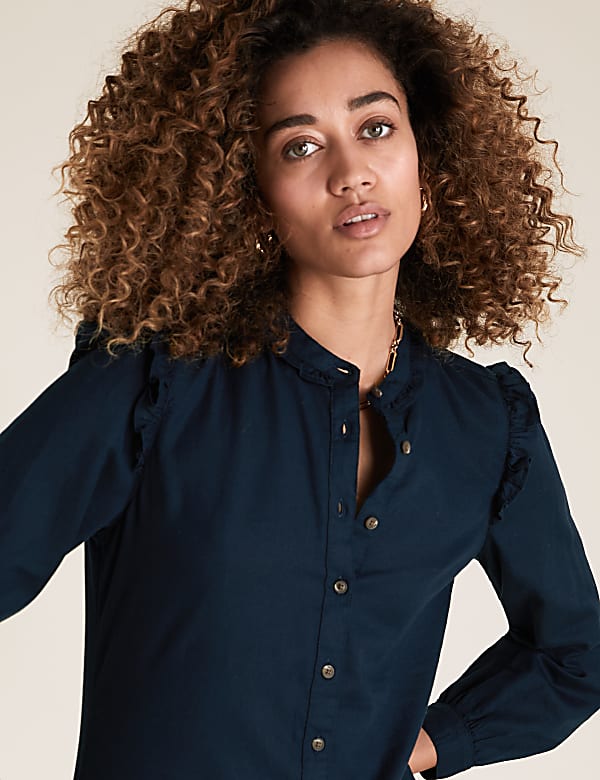 Cotton Rich Frill Neck Long Sleeve Shirt