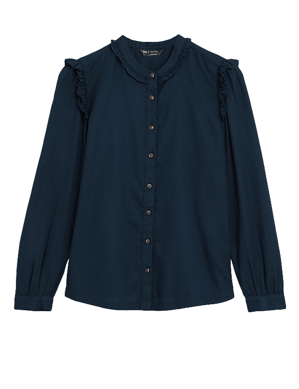 Cotton Rich Frill Neck Long Sleeve Shirt