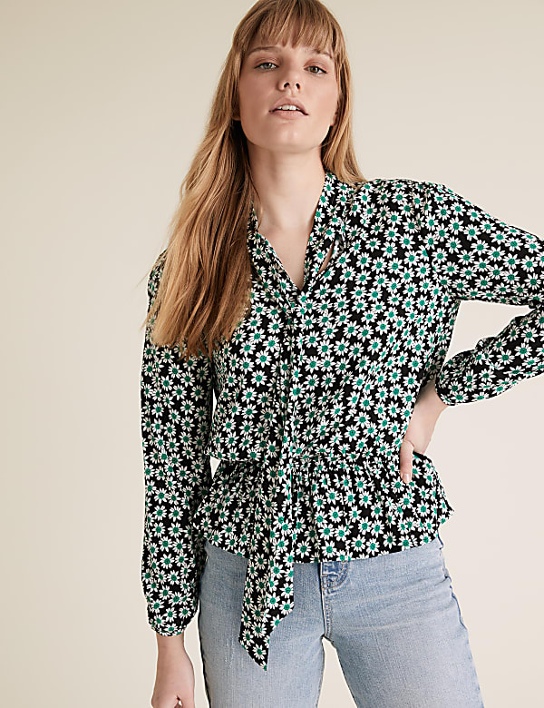 Floral Tie Neck Long Sleeve Peplum Top