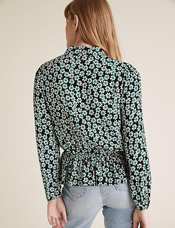 Floral Tie Neck Long Sleeve Peplum Top