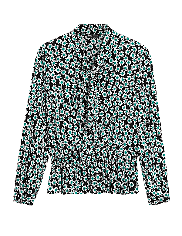 Floral Tie Neck Long Sleeve Peplum Top