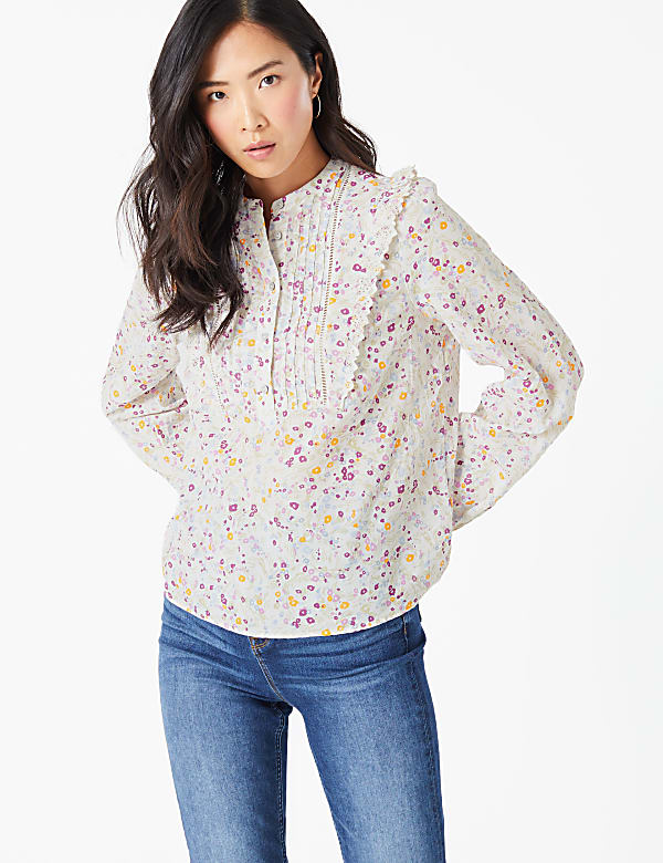 Pure Cotton Floral Broderie Ruffle Blouse