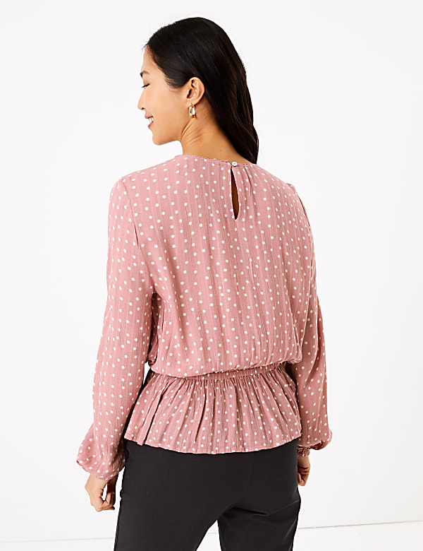Polka Dot Waisted Long Sleeve Blouse