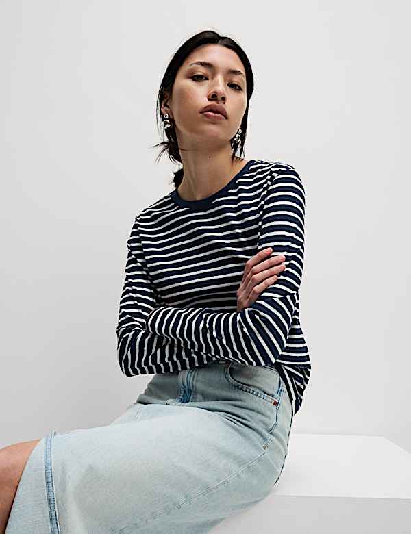 Pure Cotton Striped Crew Neck T-Shirt
