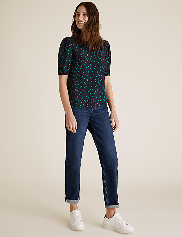 Polka Dot Round Neck Puff Sleeve Top