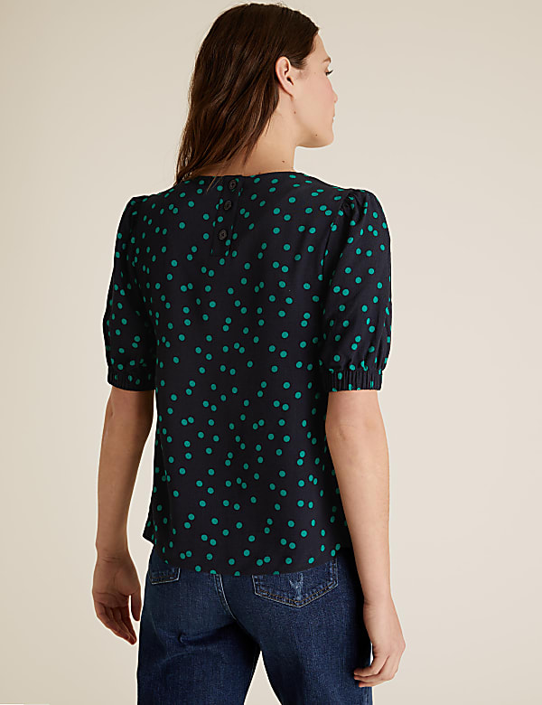 Polka Dot Round Neck Puff Sleeve Top