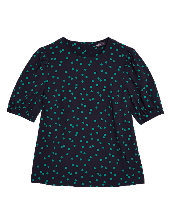 Polka Dot Round Neck Puff Sleeve Top