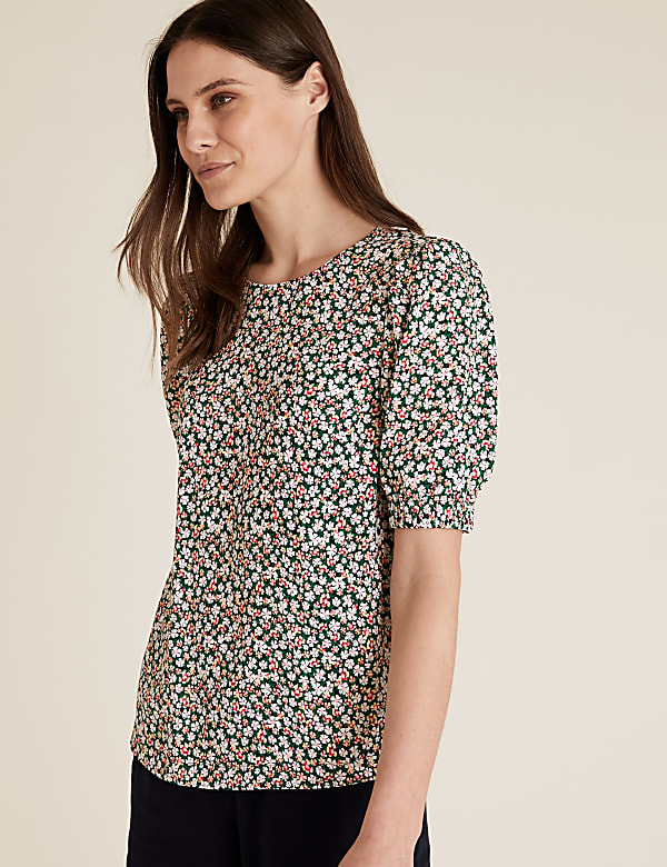 Floral Round Neck Puff Sleeve Top