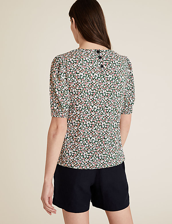 Floral Round Neck Puff Sleeve Top