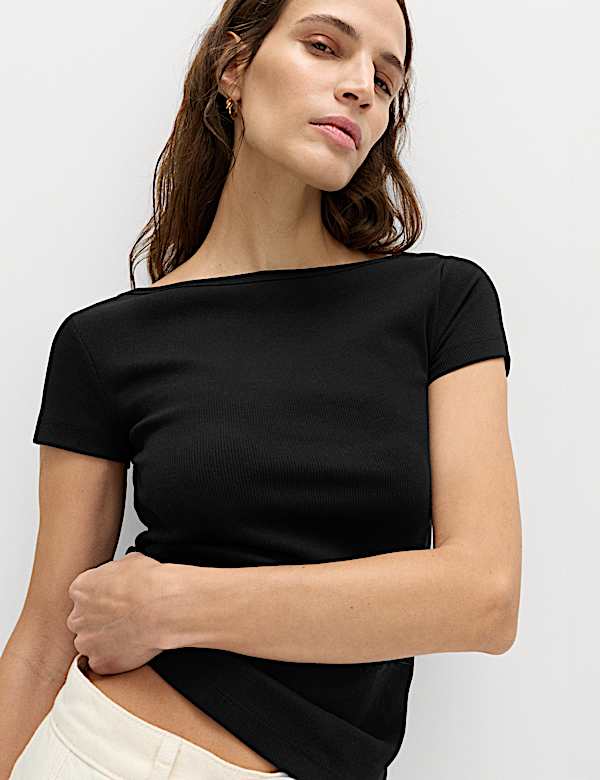 Cotton Rich Ribbed Slash Neck T-Shirt