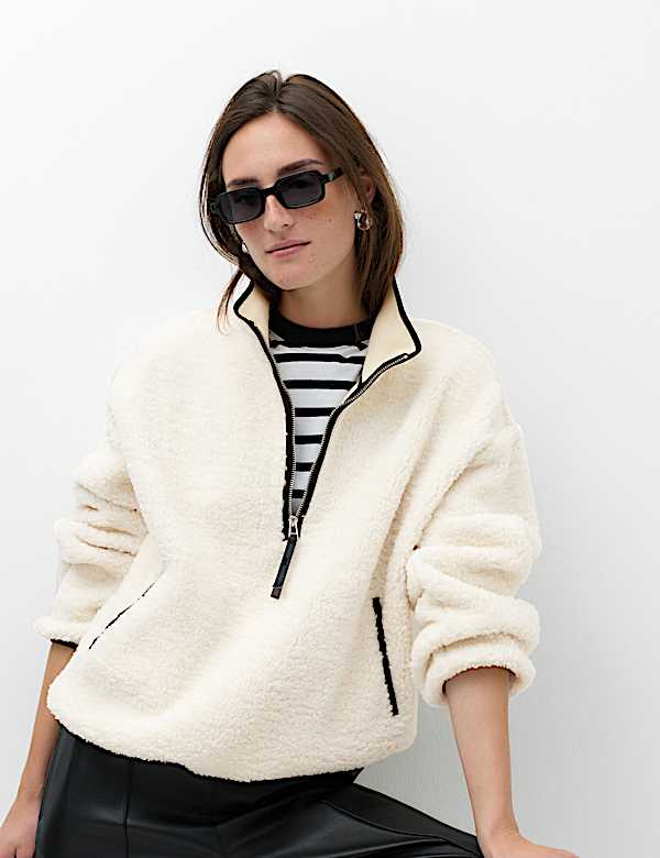 Borg Contrast Seam Half Zip Sweatshirt - DK