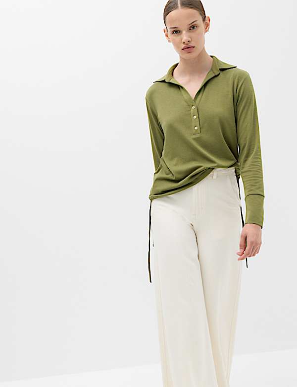 Long Sleeve Side Tie Polo Top with Cotton - BE