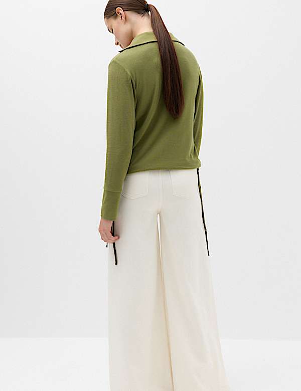 Long Sleeve Side Tie Polo Top with Cotton - BE