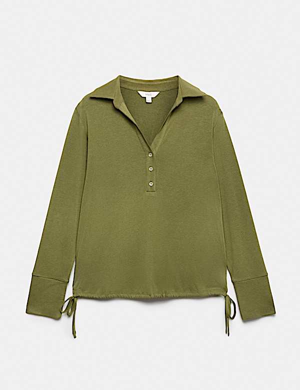 Long Sleeve Side Tie Polo Top with Cotton - BE