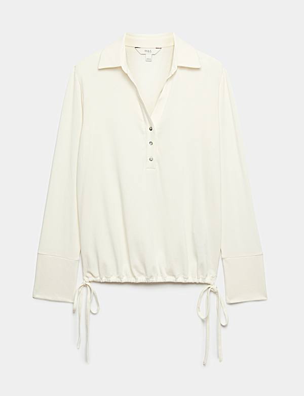 Long Sleeve Side Tie Polo Top with Cotton - AL