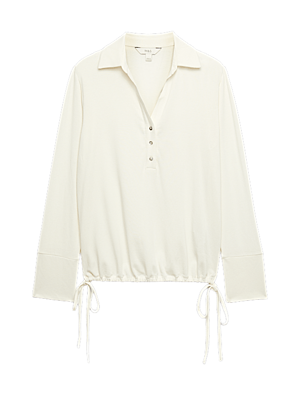 Long Sleeve Side Tie Polo Top with Cotton