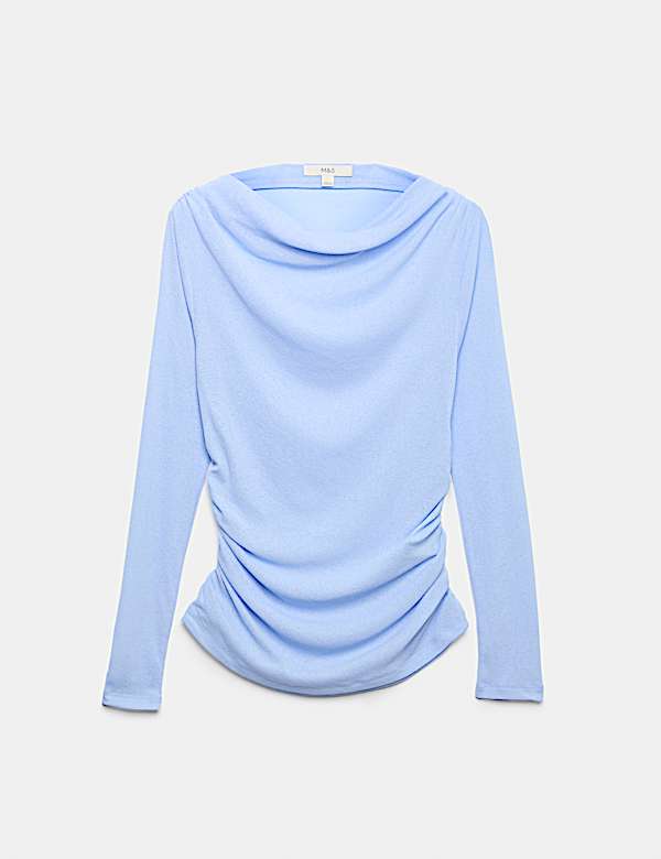 Top de manga larga drapeado con cuello desbocado - US