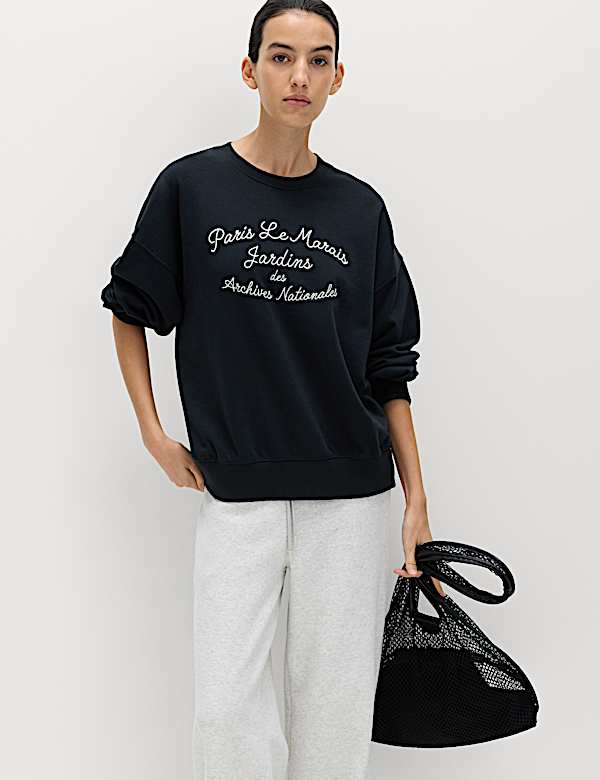 Pure Cotton Embroidered Slogan Sweatshirt - NO
