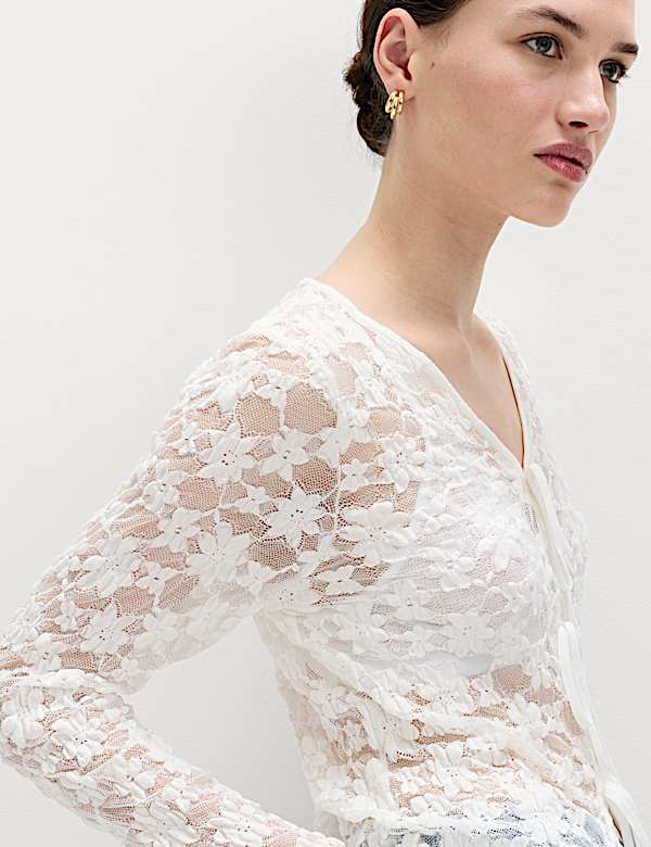 Cotton Blend Floral Lace Tie Front Top - BE