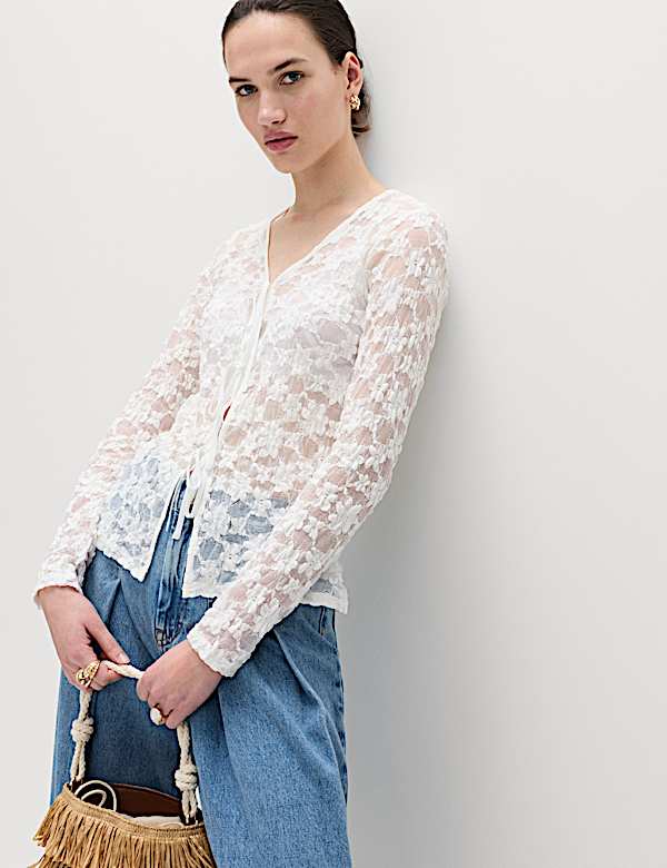 Cotton Blend Floral Lace Tie Front Top - BE