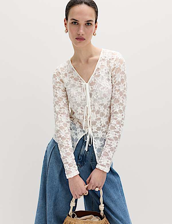 Cotton Blend Floral Lace Tie Front Top - BE