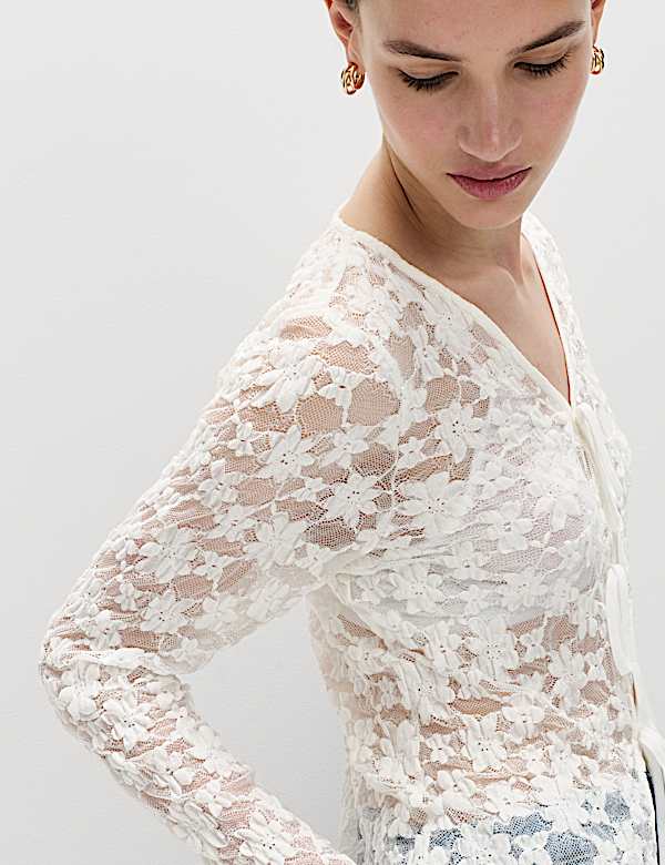 Cotton Blend Floral Lace Tie Front Top - BE