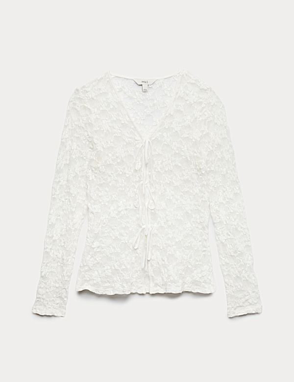 Cotton Blend Floral Lace Tie Front Top - BE