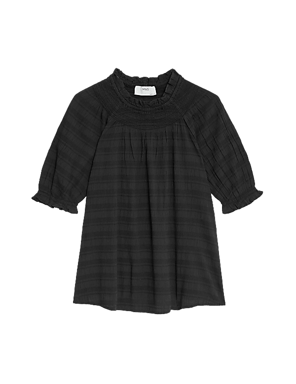 Cotton Blend Crew Neck Smocked Blouse
