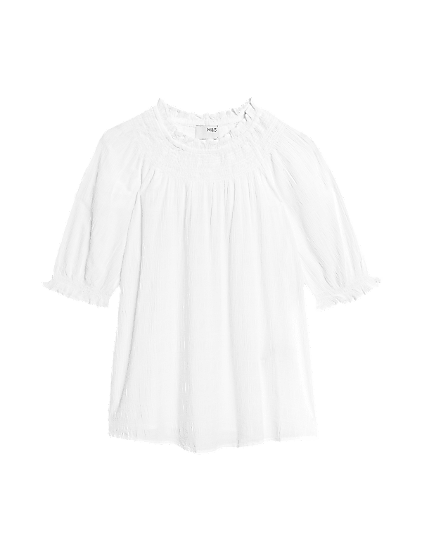 Cotton Blend Crew Neck Smocked Blouse