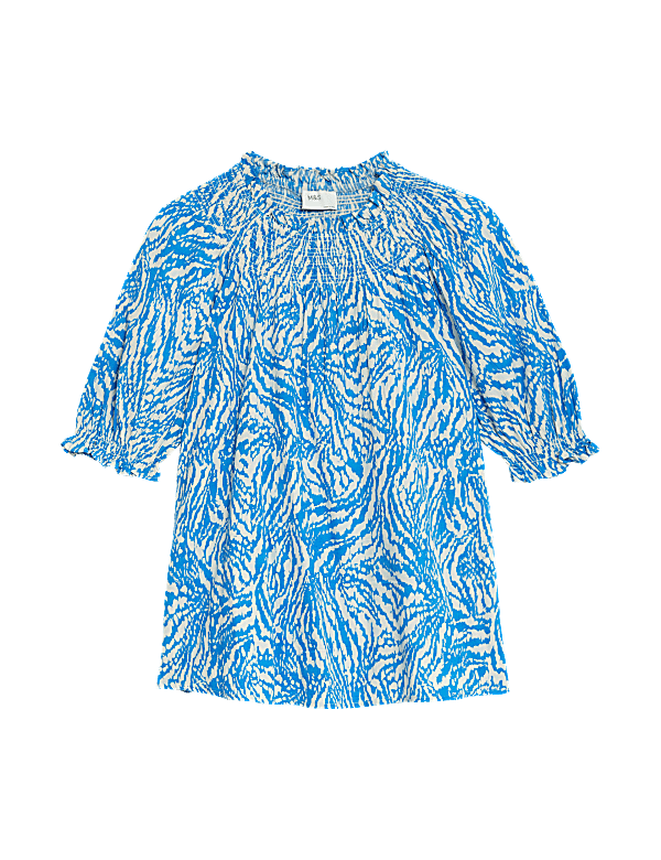 Cotton Blend Printed Smocked Blouse
